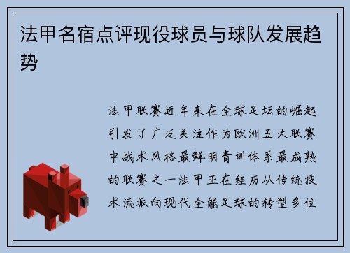 法甲名宿点评现役球员与球队发展趋势
